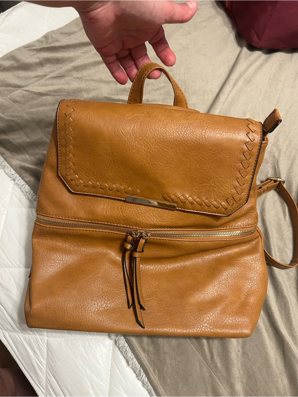 Source Unknown Cognac Faux Leather Backpack with Woven Flap Detail